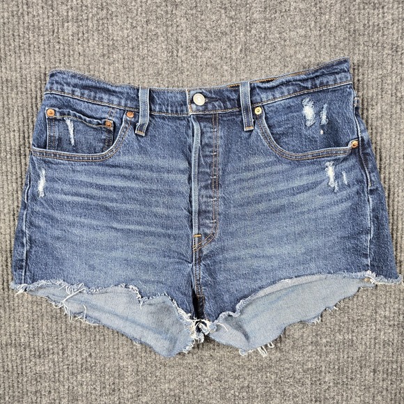 Levis 501 Shorts Womens 32 Blue Distressed Denim High Rise Cut Off Button Fly - Picture 1 of 15